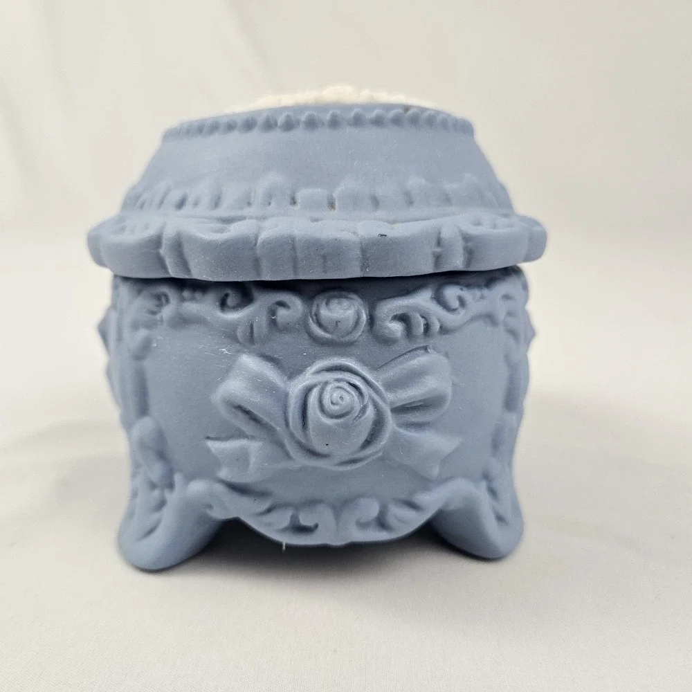 Vintage Blue Jasperware Style Trinket Box with White Relief Maiden Cameo